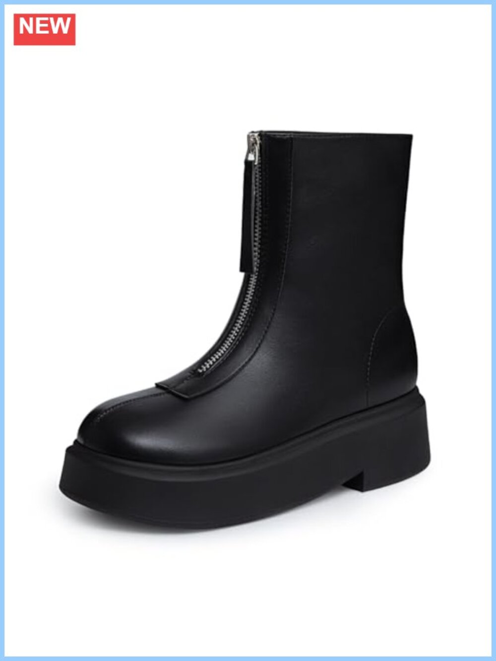 Women's Platform Ankle Boots Faux Leather Round Toe Chunky Low Heel Front Zipper